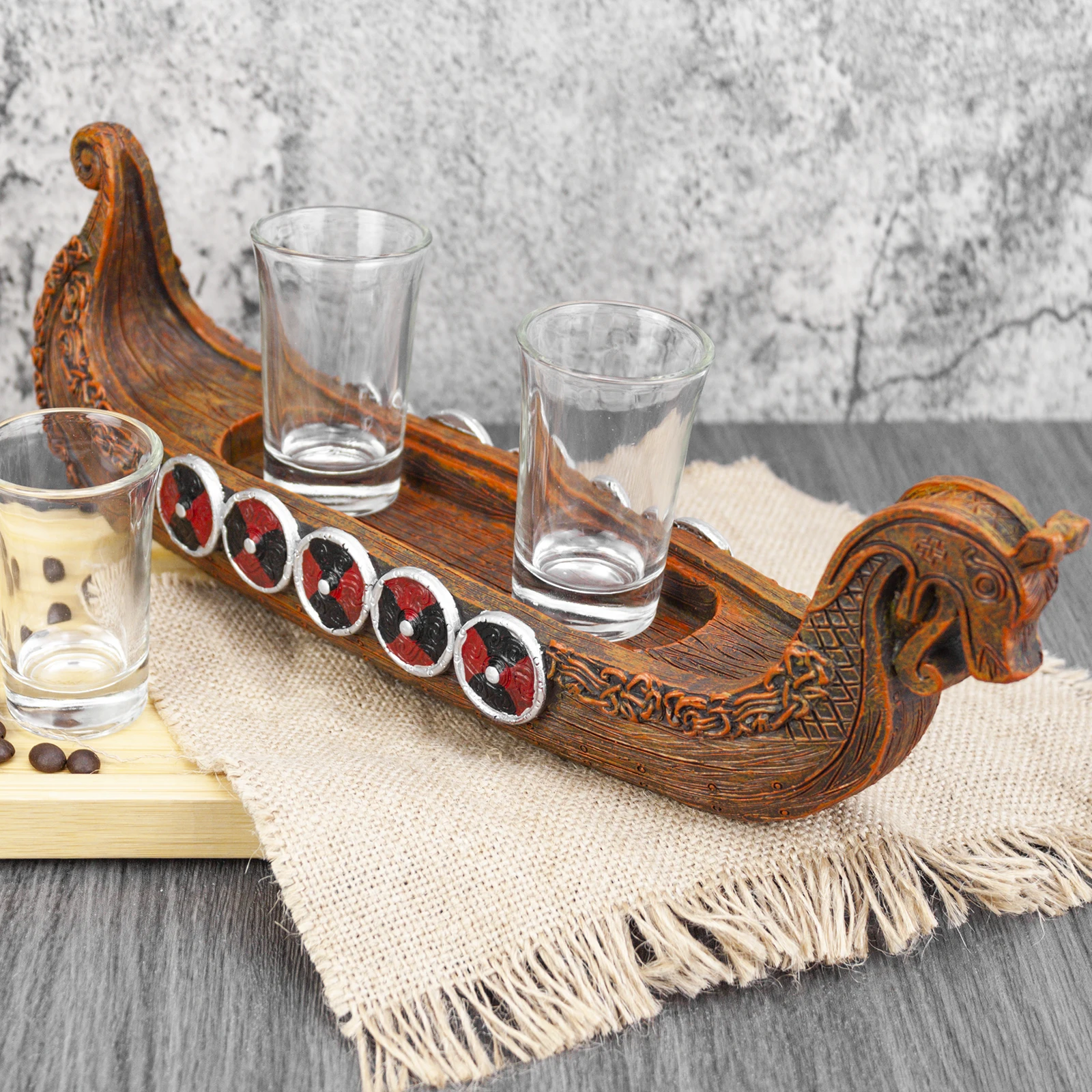 Viking Ship with Shot Glasses Glass Holder 3 Piece Set New Viking