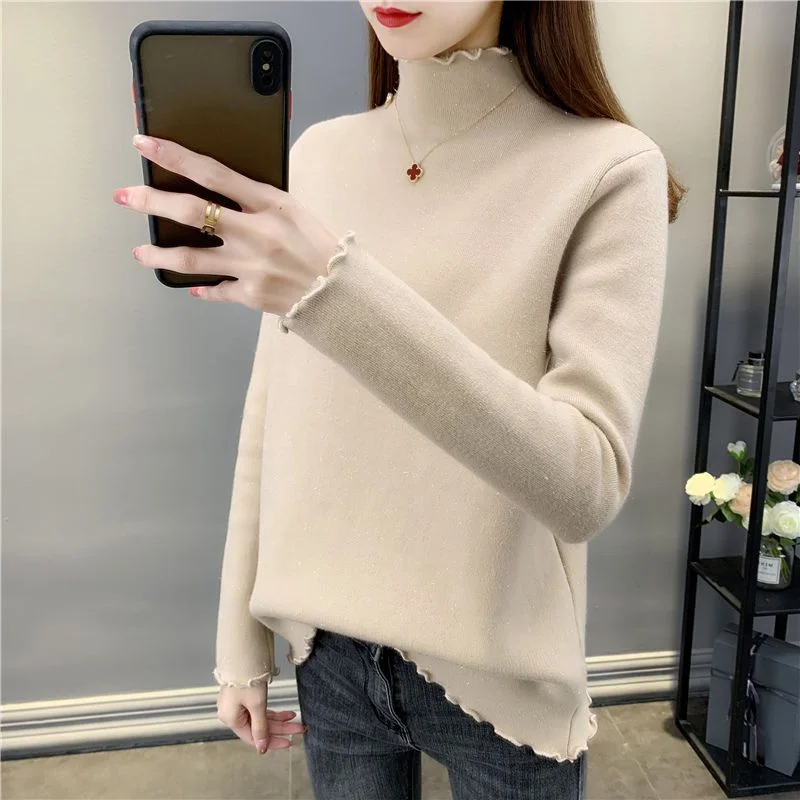 New Winter Turtleneck Bottoming Long Sleeve Top Korean Fashion Half High Neck Wood Ears Bright Silk Women Thickening Sweaters