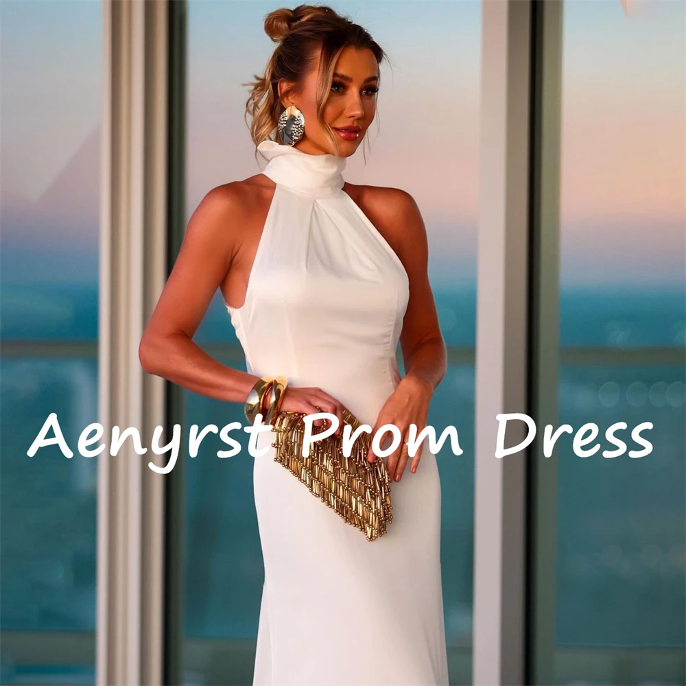 Aenyrst Simple Halter Mermaid Saudi Arabia Prom Dresses Crepe Bodycon Backless Evening Gowns Floor Length Formal Occasion Dress