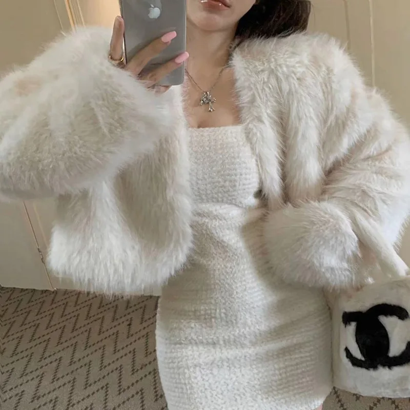 Women Faux Fur Short Coats Jackets V Neck Coat Thick Warm Y2k Streetwear White Jacket Work Solid Outerwear Autumn Winter 2025