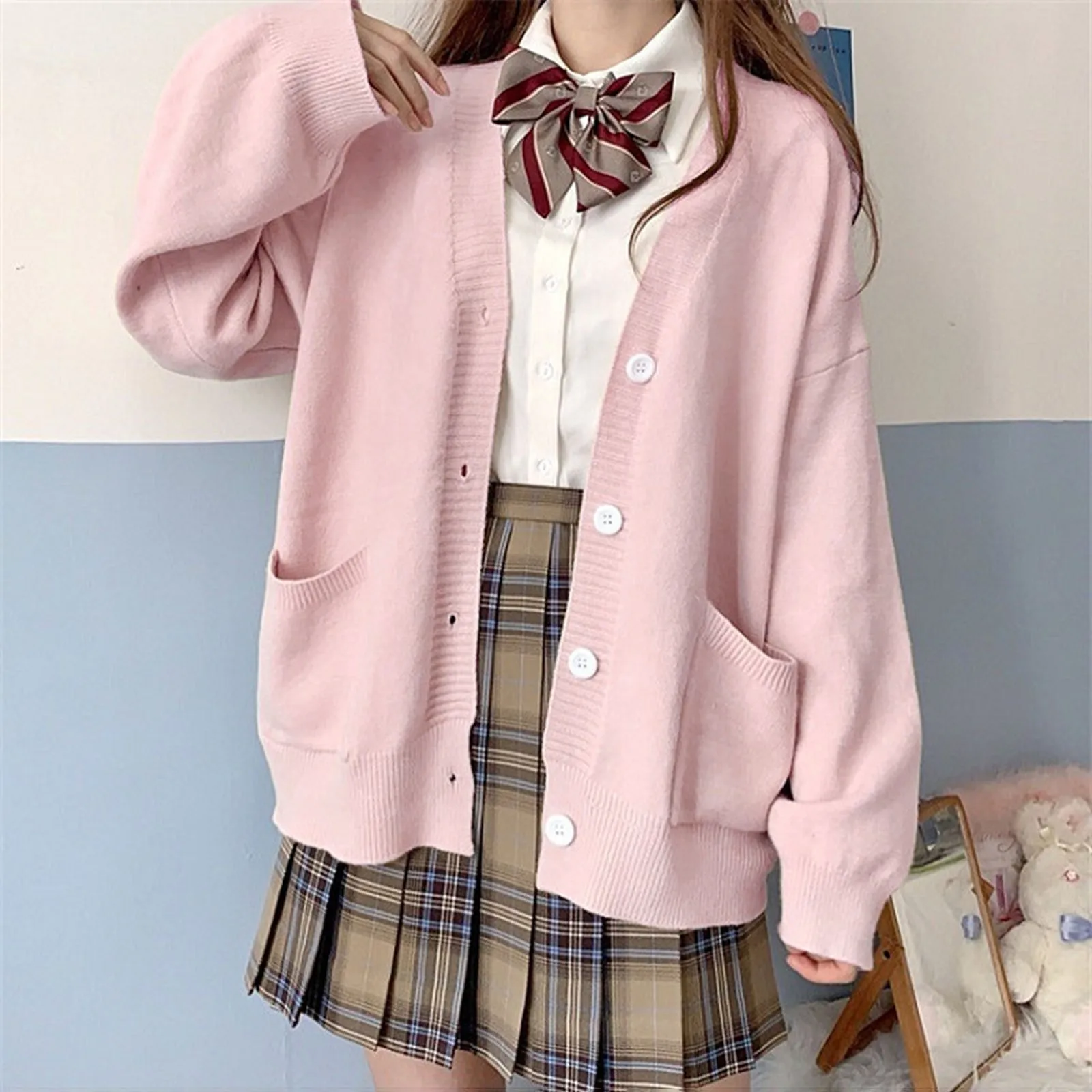 Womens Japanese Cute Knitted Cardigan Sweater Cosplay Long Sleeve Button Down School Jacket Womens Cardigan Preppy Style