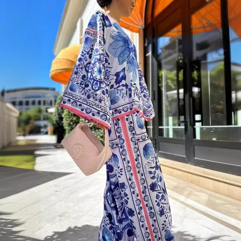 2025 Summer New European and American Set Blue and White Porcelain Printed Temperament Top, Pants, Casual Two Piece Set