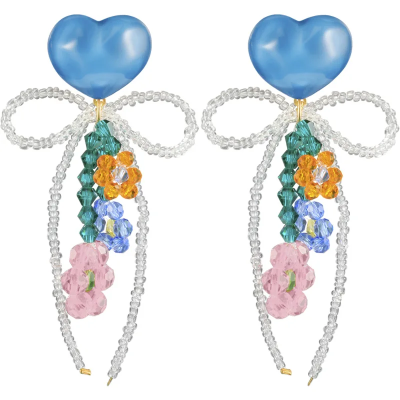 2022 New European Fashion New Fresh Blue Heart Bow Fringe Earrings For Women Korean Fashion Jewelry Design Personalized Earrings