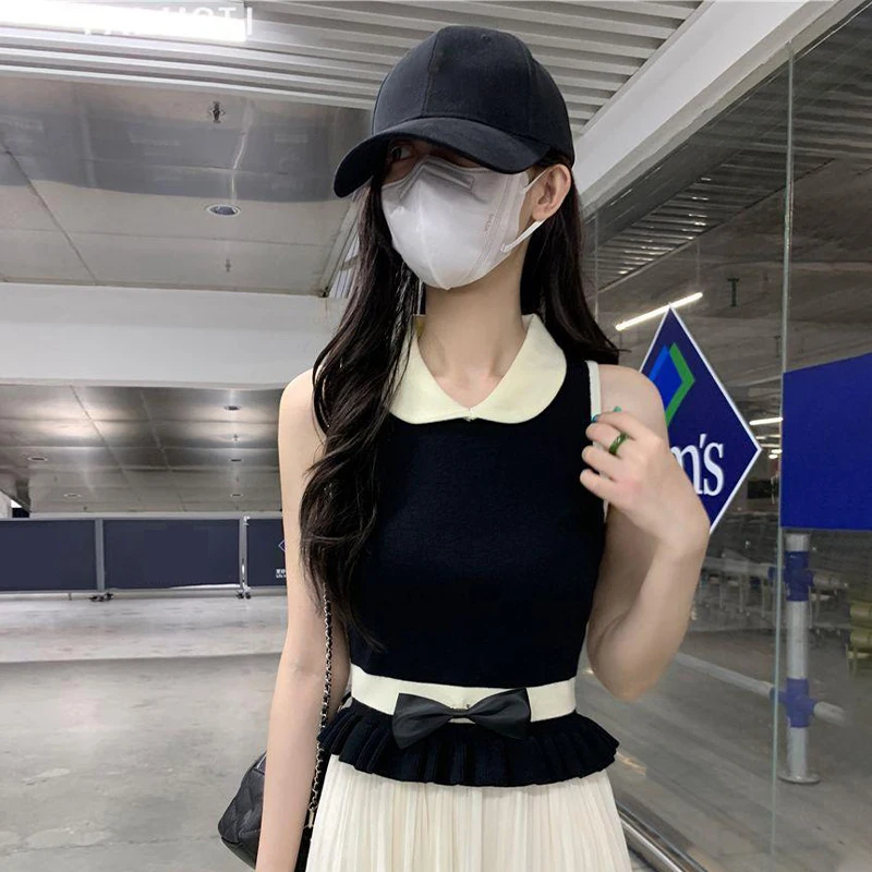 French Contrast Color Doll Collar Sleeveless Knitted Vest Summer Sweet Bow Slim Top For Women