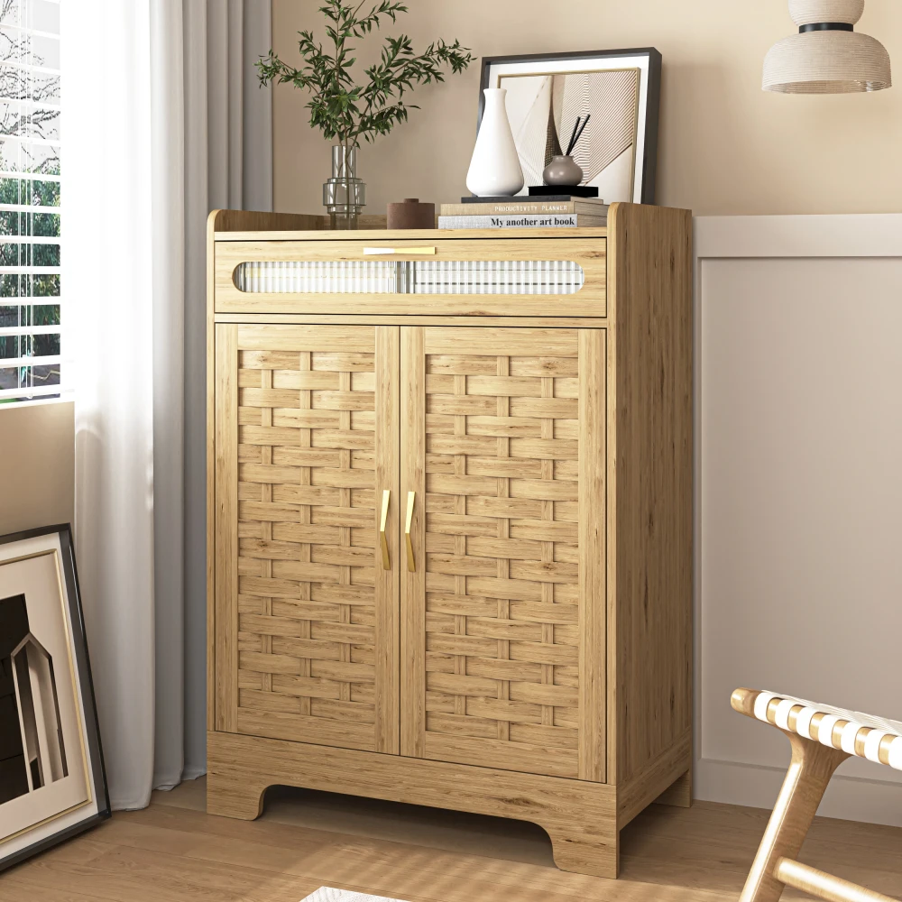 Coffee Bar Cabinet, Modern Farmhouse Buffet Sideboard with Drawer and Adjustable Shelf, Barn Door Storage Cabinet