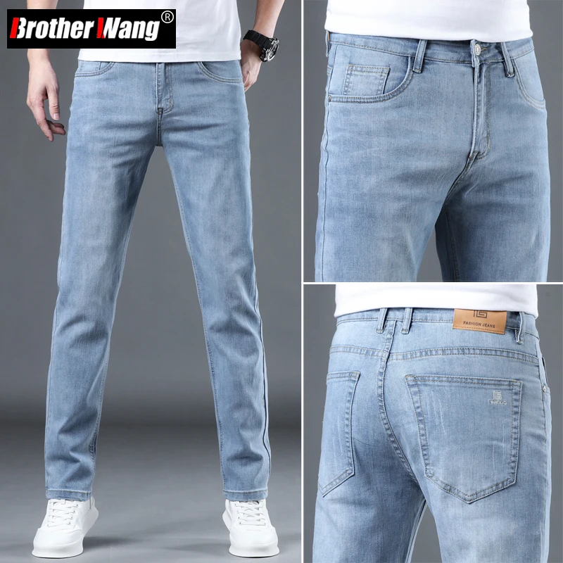 

2023 Spring Summer New Men's Slim Thin Jeans Retro Light Blue Cotton Stretch Denim Pants Male Fashion Casual Brand Trousers