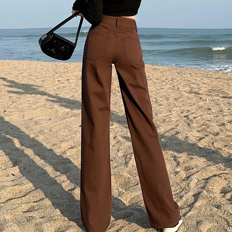 Wide Leg Mop Pants Dopamine Coffee Brown Denim Jeans Women High Waisted Straight Loose Fitting Long Pants Soft Drape