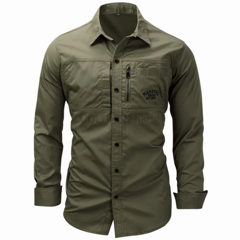 European Size Men's Shirt Cotton Multi-Pocket Button Up Green Navy Cargo Shirt Long Sleeve Button Down Hiking Fishing Work Shirt