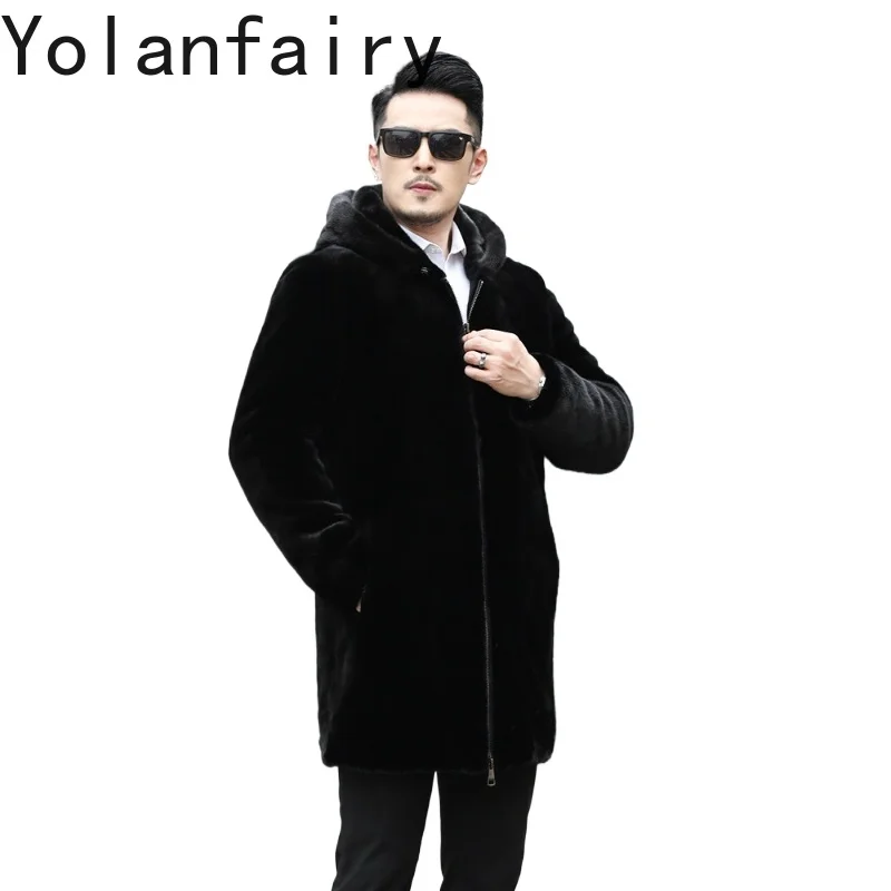 

YOLANFAIRY Genuine Mink Natural Fur Coat Man Luxury 2025 Winter Hooded Mid-length Real Fur Coats Mink Jacket Chaqueta Hombre