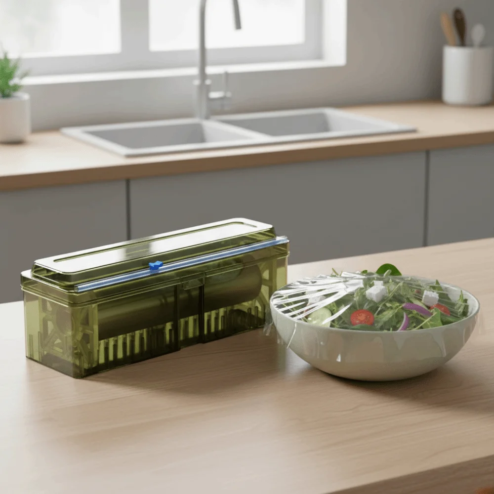 

Plastic Cling Wrap Dispenser Universal Refillable Cling Film Cutter Box with Suction Cups Aluminum Foil Film Dispenser