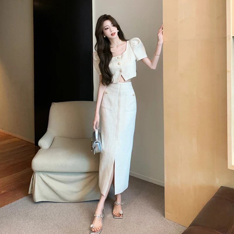 High Quality Chic Fashion Summer Two Piece Set Women Square Collar Beige Puff Sleeve Crop Top + High Waist Bodycon Skirts Suit