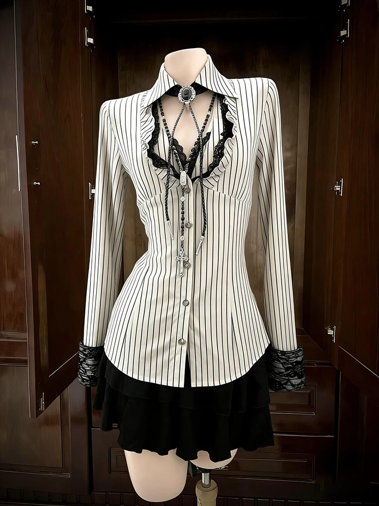 

Винтажная блузка с эффектом стройности, черно-белыми полосками, длинными рукавами и кружевным воротником для девочек, повседневная одежда из смесового хлопка