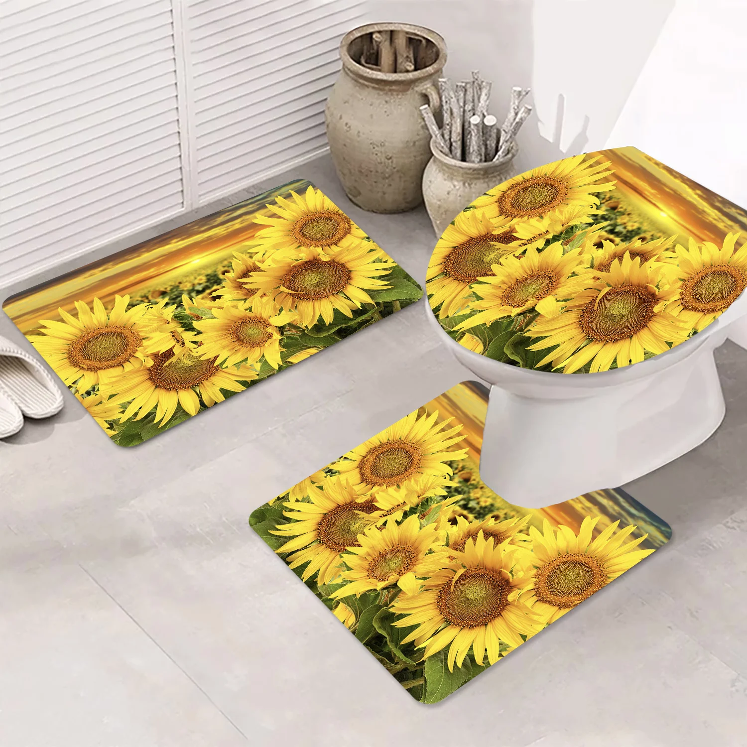 

Sunflower Print 3 Piece Bath Mat Set Anti Slip Soft Absorbent Toilet Seat Cover Modern Home Decor Bathroom Accessories