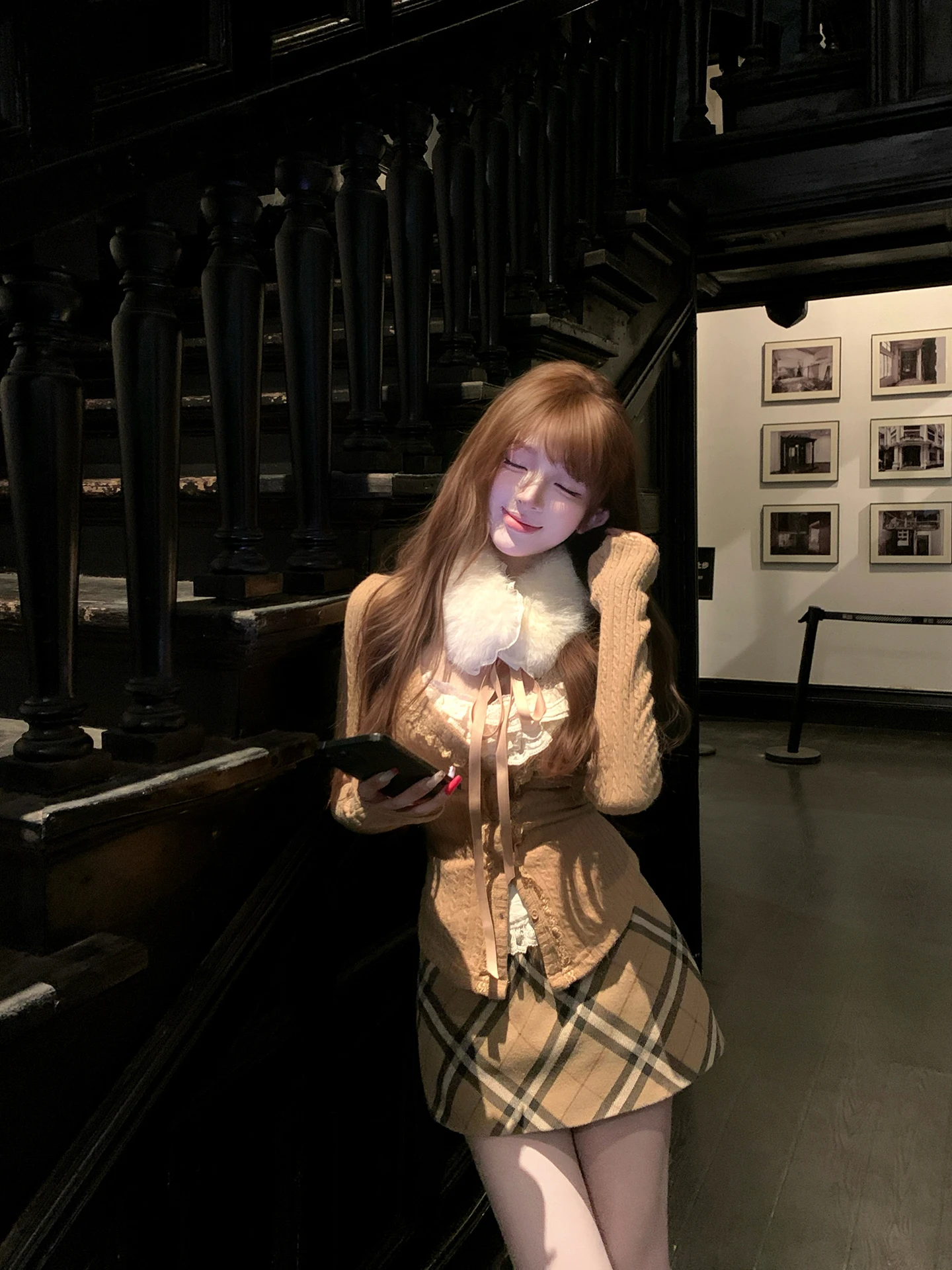 Reiss Anna Miss Winter Faion Slimming Sli Set R93D Camiseta de manga larga a cuadros con nudo, versátil y dulce, de peso medio...