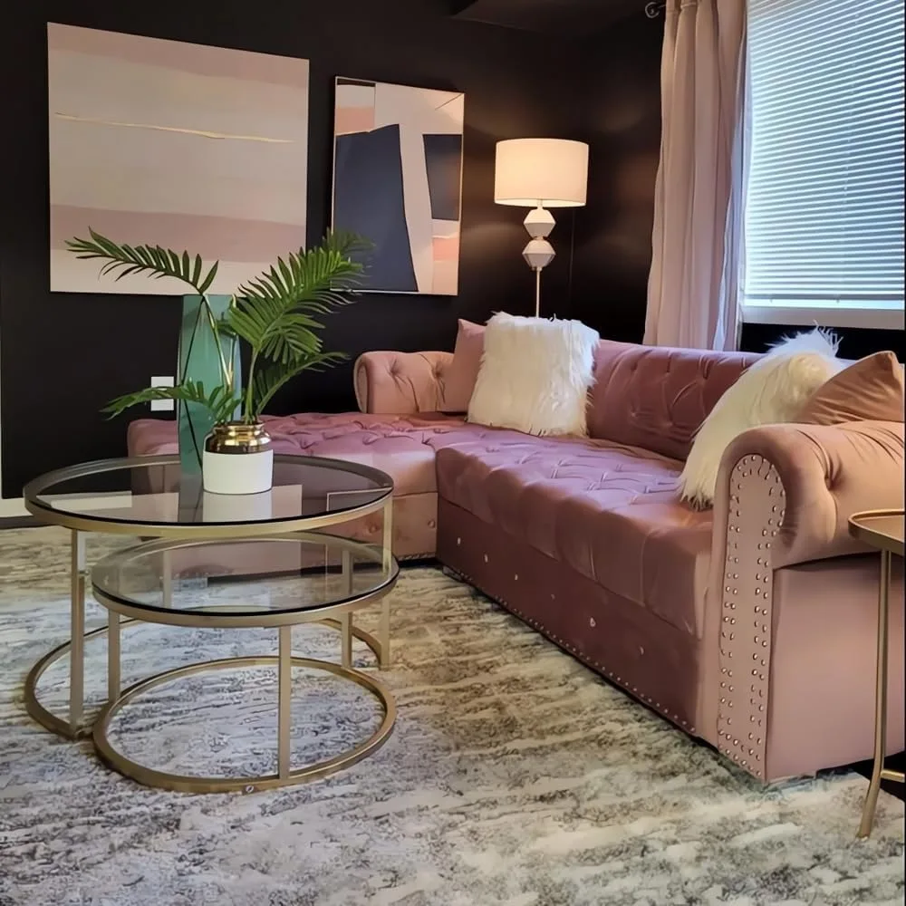 مجموعة طاولة القهوة المتداخلة مكونة من قطعتين، طاولات متداخلة زجاجية صغيرة لغرفة المعيشة وغرفة النوم، طاولة شاي مميزة بإطار معدني #3