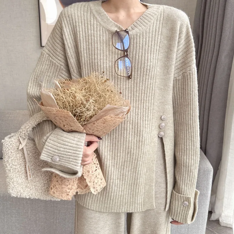 Casual Loose Solid Button Split Pullover+Elastic Waist Pants 2-piece Set Autumn/Winter Women's Suit New Korean Woman's Sets