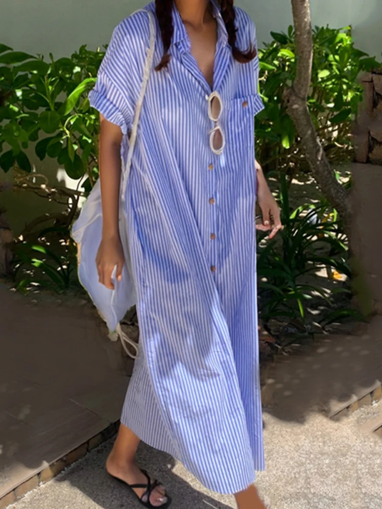 2026 Chic Loose Short Sleeve Lapel Elegant Summer Casual Dress Blue Stripes Women Shirt Dress Buttons Pocket Office Long Dress