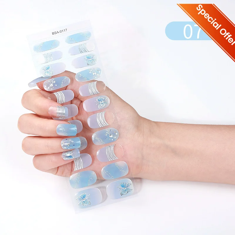 

22Tips Baking Free Gel Nail Sticker Blue Butterfly French UV/LED Nail Gel Wraps Long-Lasting Full Cover Gel Nail Strips Manicure