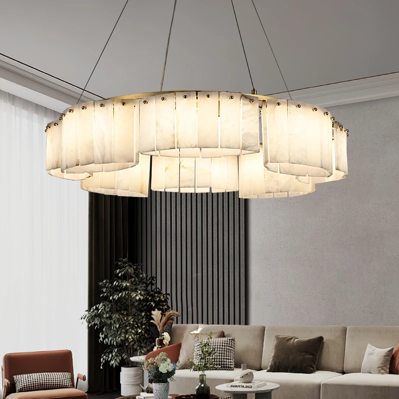 Spain Marble Pendant Light for Living Dining Room Ceiling Hanging Lamp Luxury Brass Villa Lobby Interior Round Decor Chandelier