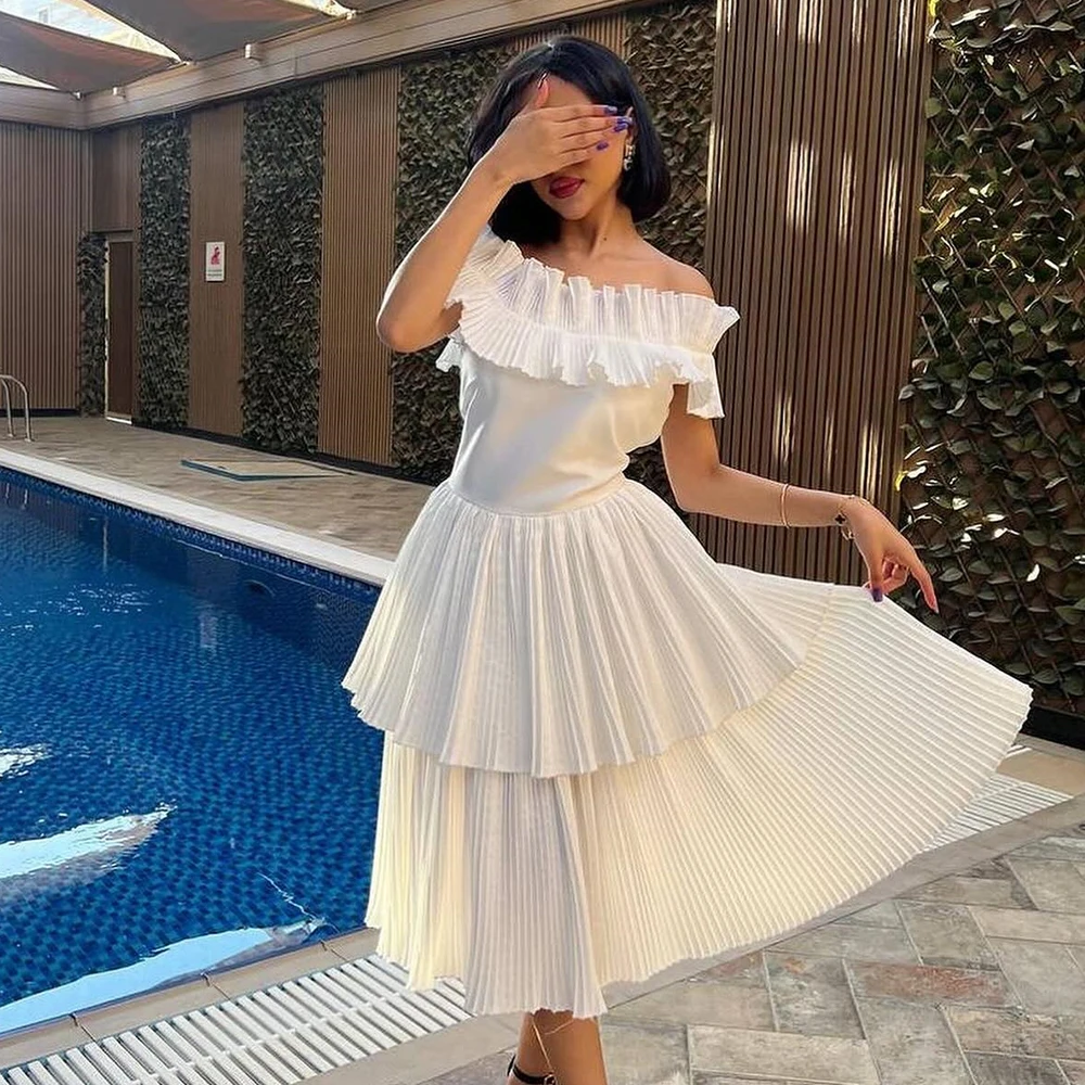 

Wedding Party Gowns Scalloped Straight Off The Shoulder Tiered Sleeveless Tea Length Solid Color Pleats Bespoke Occasion Gowns