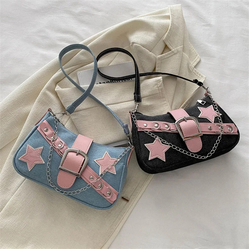 

Y2K популярная джинсовая сумка на плечо со звездами для женщин в стиле ретро, сумка подмышки, модный брендовый дизайн с цепочкой, сумка подмышками, кошелек, сумки