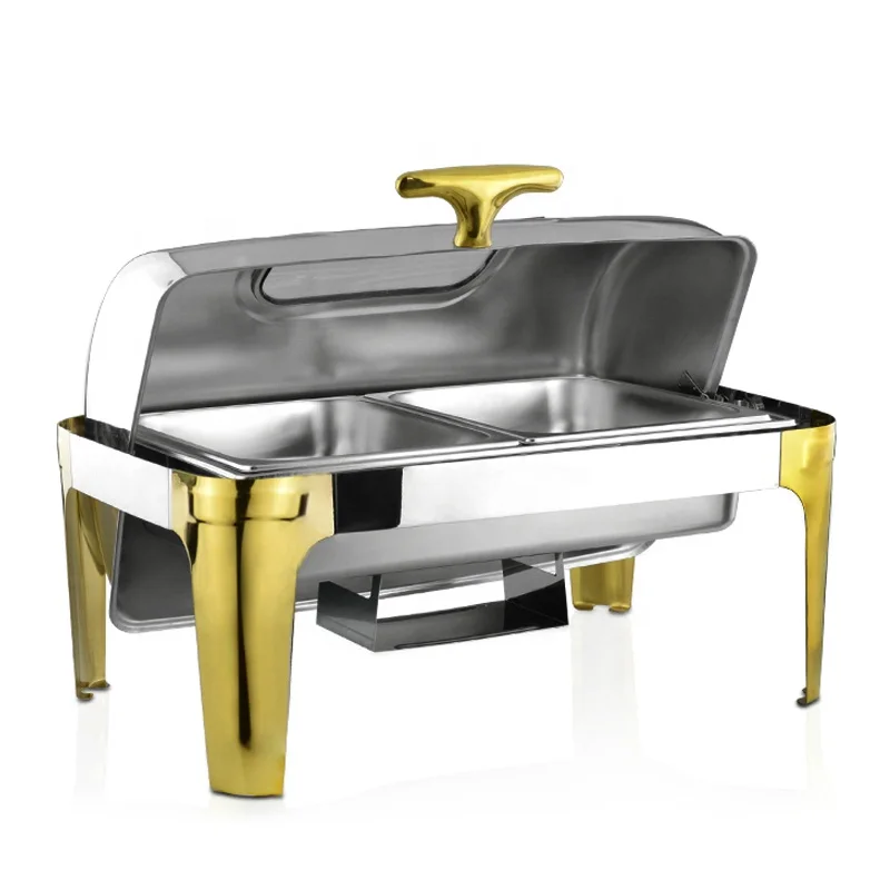 

Heavy Duty Royal Catering Equipment buffet food warmer Gold Silver Oblong Stainless Steel Roll Top Chafing Dishes