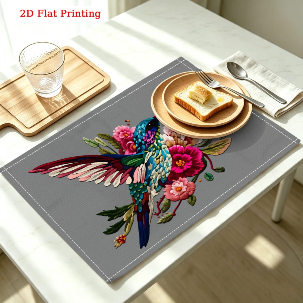 Colorful Hummingbird Floral Design Kitchen Placemat Hummingbird Floral Print Linen Pad Dish Coffee Cup Table Mat 1PC 30x40cm