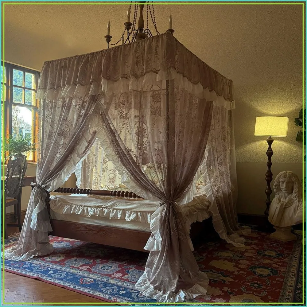Lace Princess 4-Post Mosquito Net Bed Canopy, Girls Women Wedding Decor, Coffee-13, 70x86in