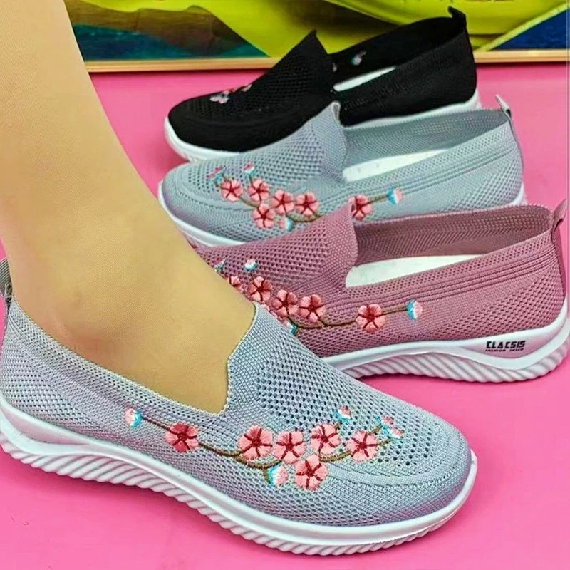 Women Sneakers Mesh Breathable Floral Comfort Mother Shoes Soft Solid Color Fashion Female Footwear Lightweight Zapatos De Mujer