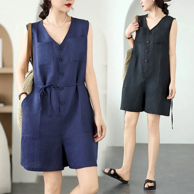 Kombinezony z lnu i bawełny, letnie, bez rękawów, codzienne, odmładzające, luźne, z szerokimi nogawkami, szorty, jednoczęściowe stroje, odzież damska.