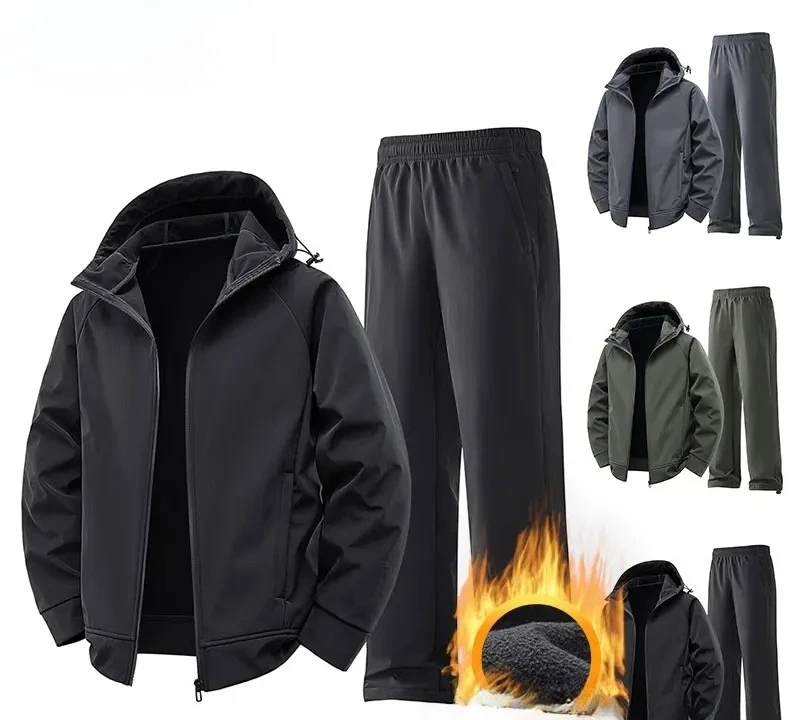 

Autumn Winter Fleece Casual Sport Set Waterproof Windproof Unisex Running Fitness Sport Hooded Jacket Warm Pants Two-piece Suit
