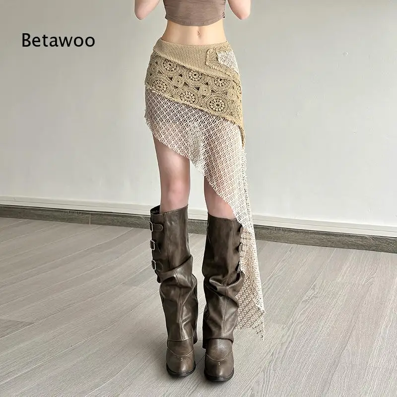 Women's Bohemian Crochet Knit Mini Skirt Vintage Embroidered Lace Patchwork Asymmetrical Hem Summer Beach Cover Up Skirt