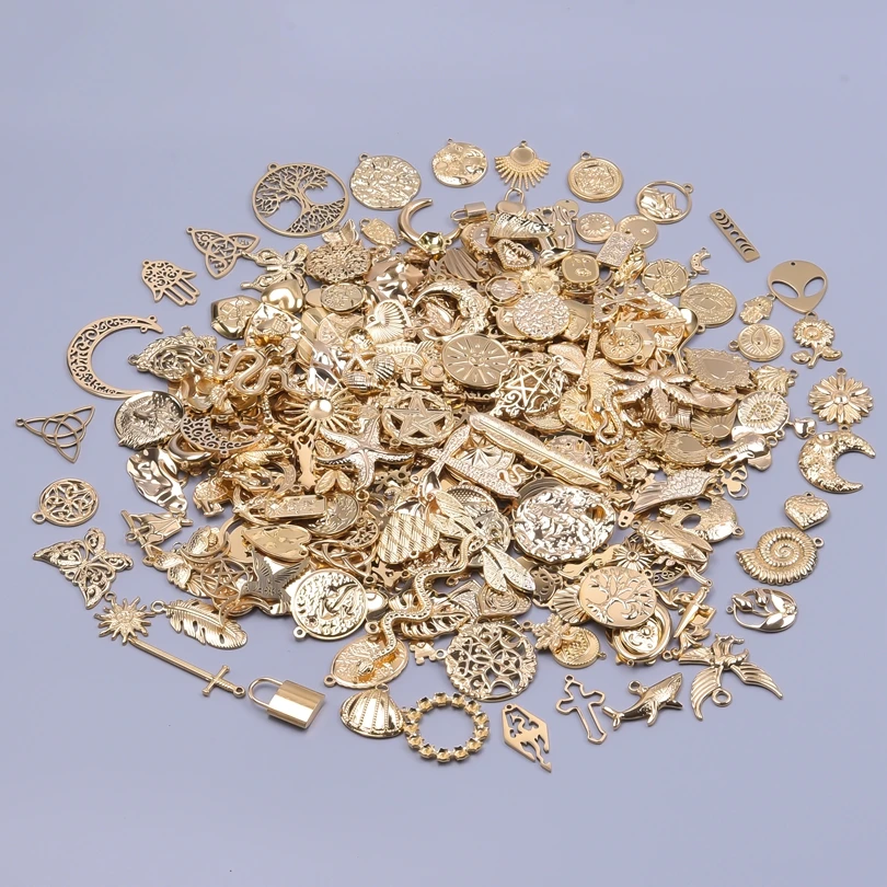 10/30pcs 18k Real Gold Plated Stainless Steel Charms For Jewelry Making Wicca Heart Fatima Hand Moon Pendant Charm Bulk Material
