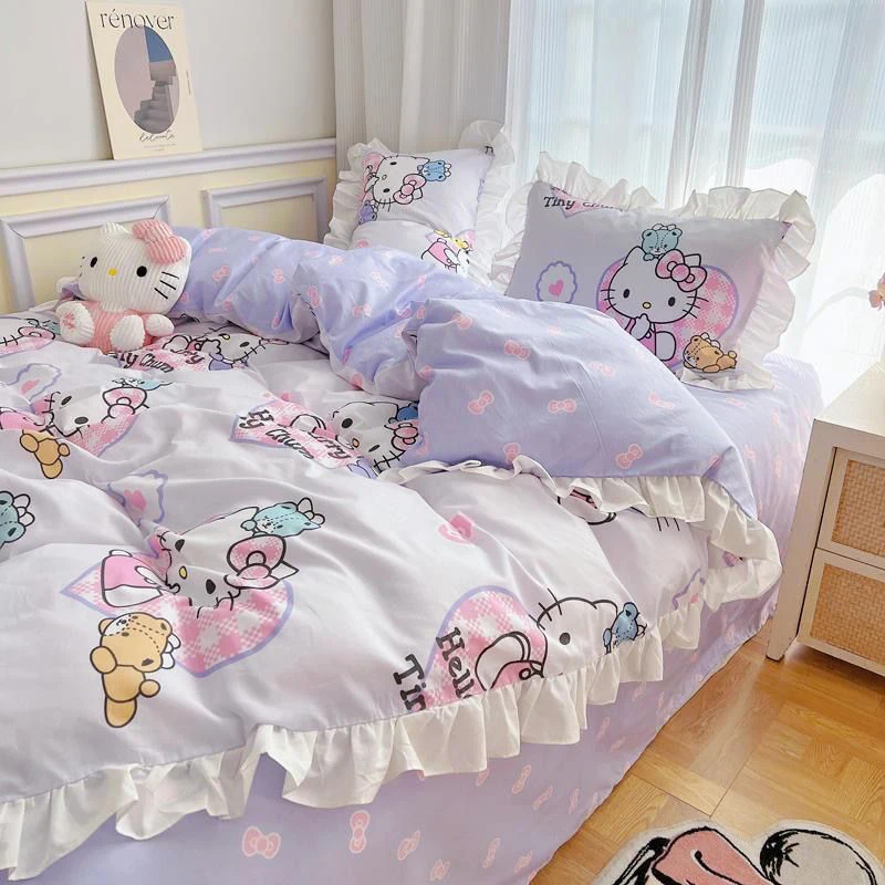 

Kawaii Sanrios Bedding Cute Cartoon Hello Kitty Soft Bedding Four-Piece Set Bed Sheets Pillowcases Bed Accessories Girls Gifts