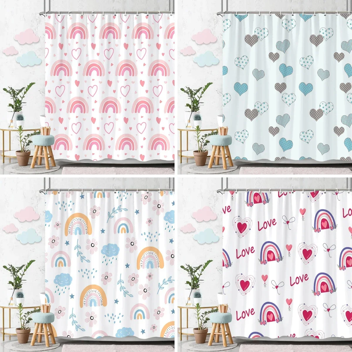 Beautiful Love Rainbow Shower Curtain Gift Idea Bohemian Printed Pattern Polyester Fabric Bath Curtain Bathroom Decor with Hooks
