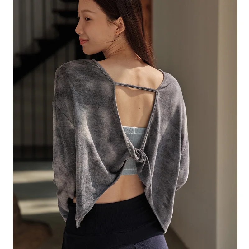 

Women Yoga Fitness Gym Clothing Long Sleeve Backless Shirts Round Collar Tie-dye Loose Crop Top Elastic Breathable Sportswear