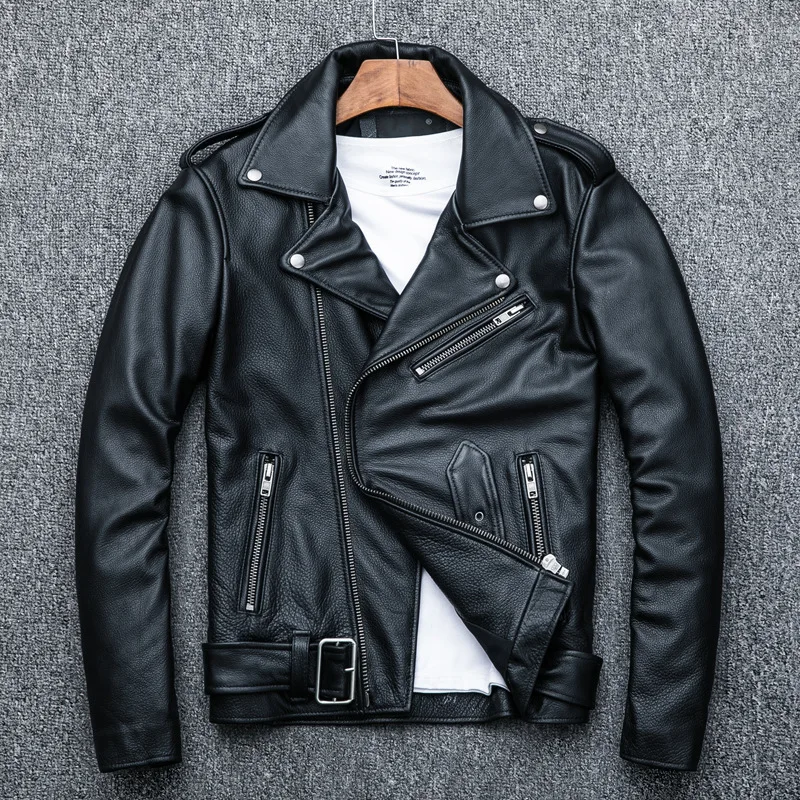 

Heavyweight Top Layer Motorcycle Jacket Genuine Leather Coat Men's Turn-Down Collar Slim Fit Fashion New Arrival