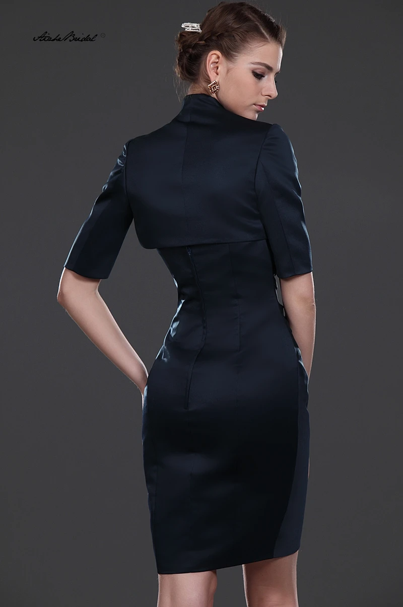 Abito da cerimonia nuziale corto blu scuro Abiti per la madre dello sposo Guaina senza spalline Abito per la madre della sposa con giacca a mezze maniche