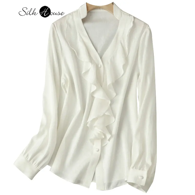 

New Style Silk Jacquard Shirt for Autumn Dress Women's Long Sleeve Design Feeling V-neck Ruffle Top Mulberry Silk Shirt