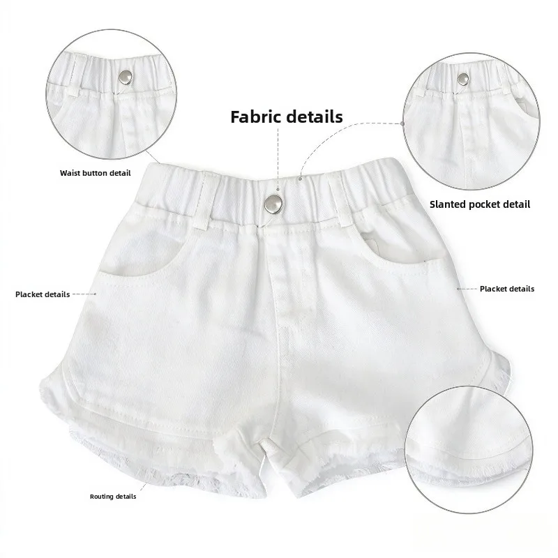 Kids Denim Shorts Elastic Waist Frayed Hem Button Closure With Pockets Casual Summer Bottoms For Little Girls