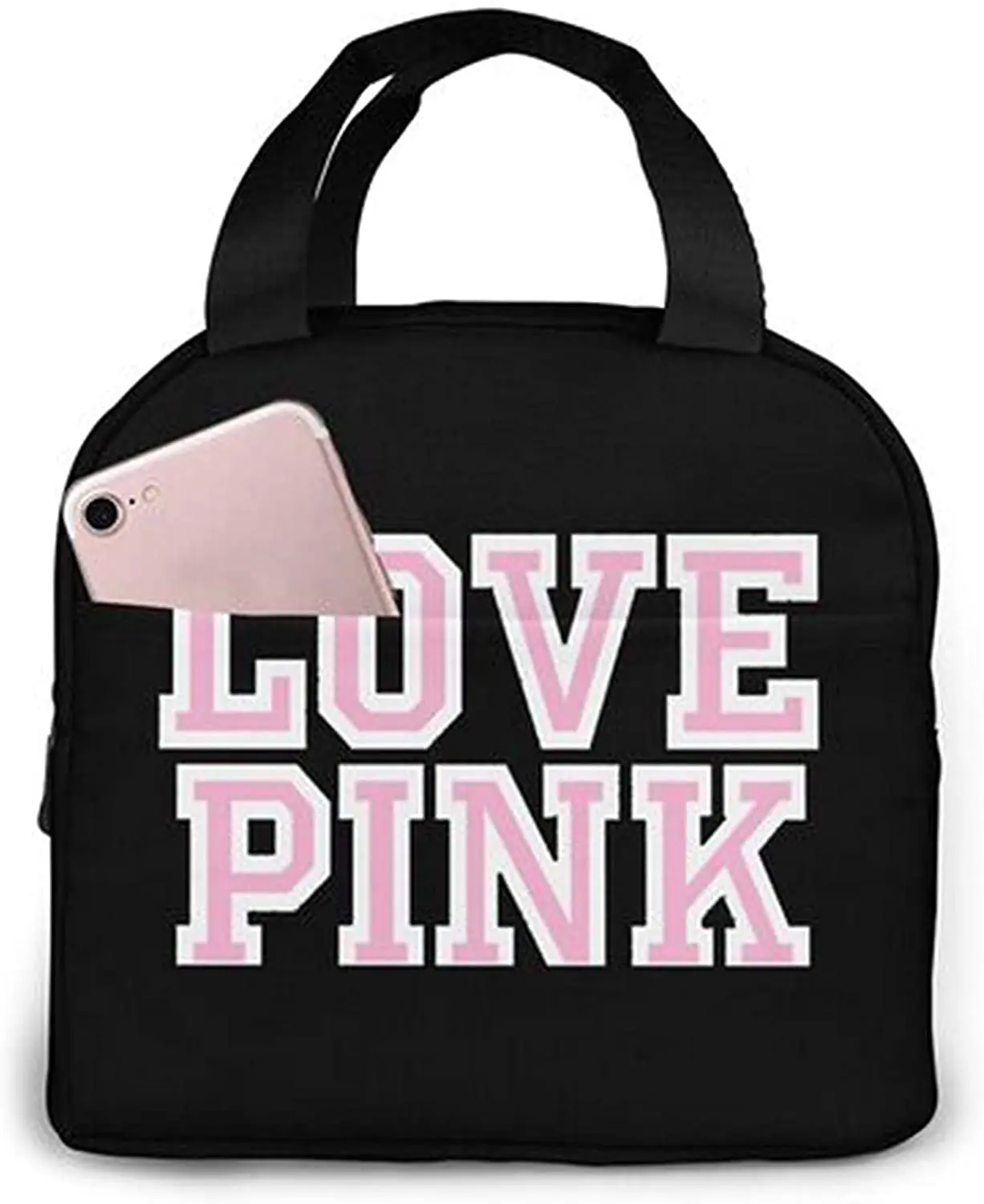 Love Pink Black Portable Insulated Lunch Bag Waterproof Tote Bento Bags Lunch Tote for Women Lunch Box for Work School Picnic