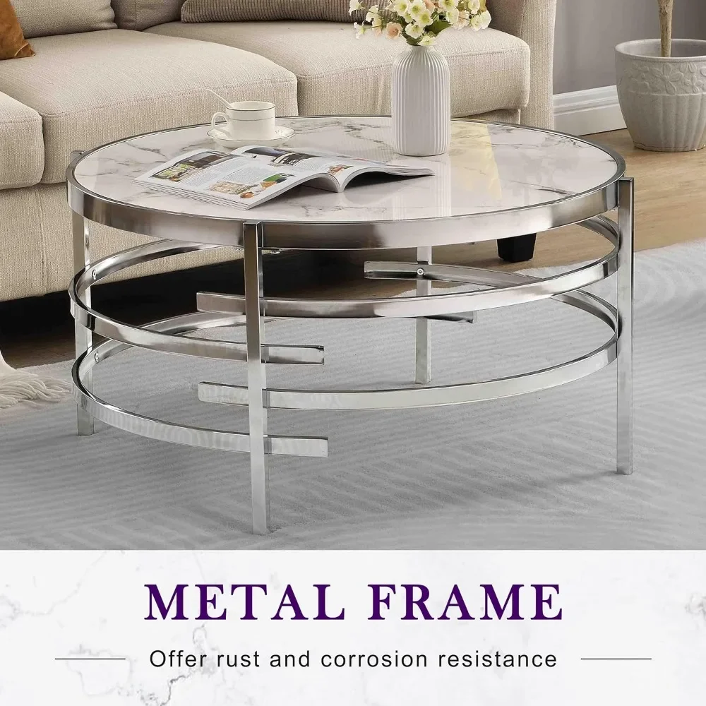 Coffee Table -32 "Artificial Marble Round Center Table Stone Metal Silver Coffee Table