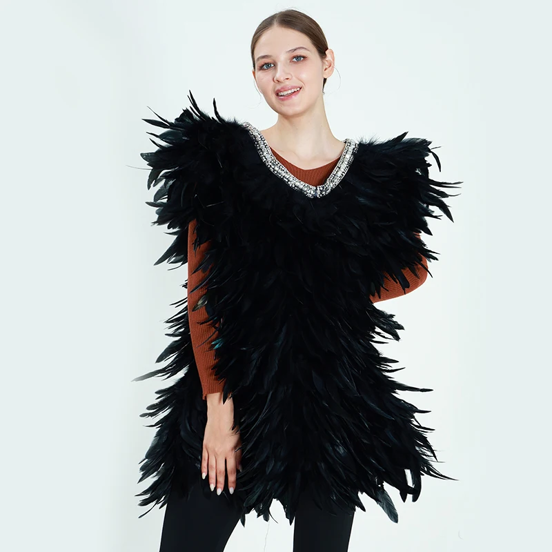 Women's Glamorous Black Feather Vest Dress With Crystal Sequin Collar Elegant Evening Costume Props