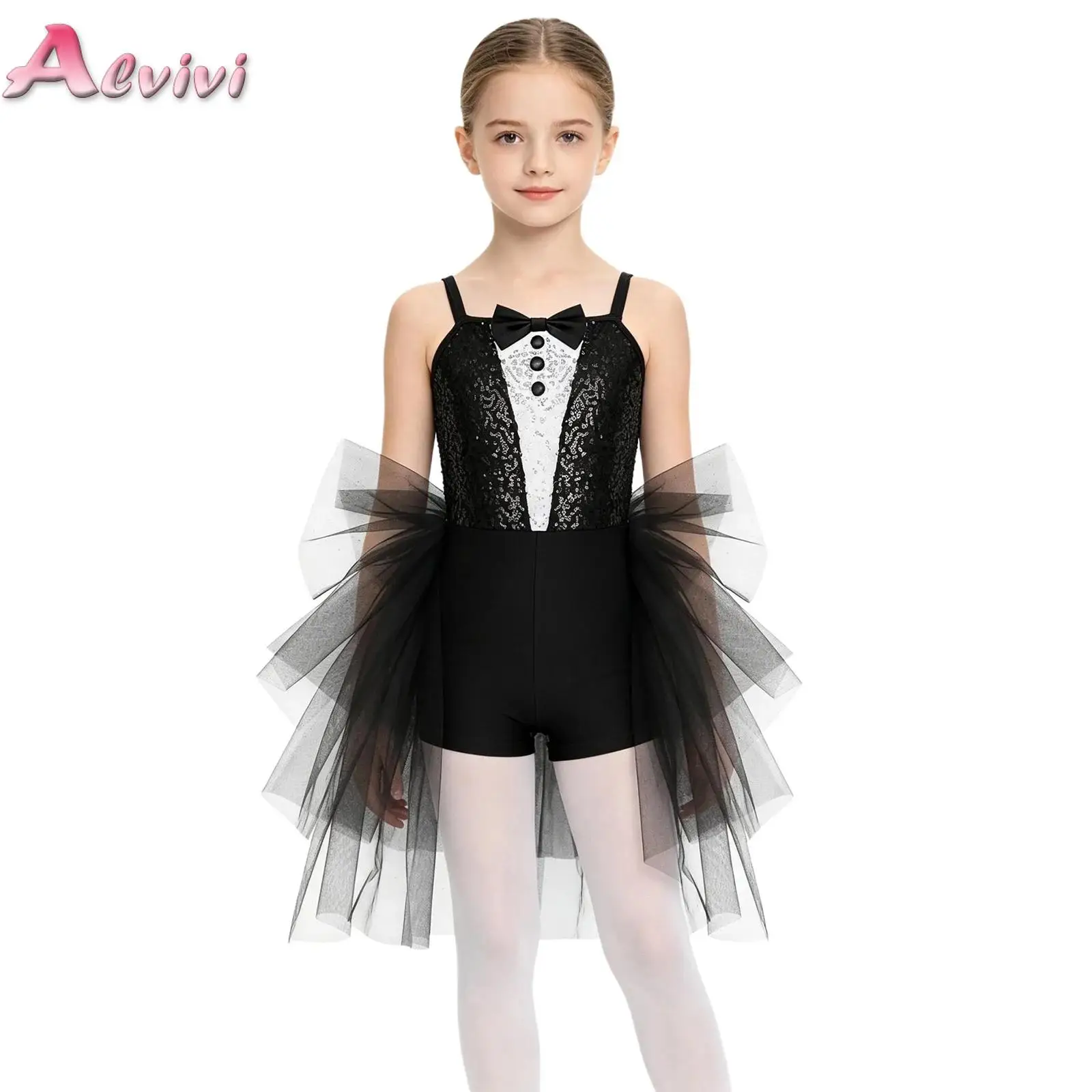 Disfraz de Mago para Niñas, Vestido de Lentejuelas sin Mangas con Lazo y Falda de Tul Escalonada, Traje de Ballet, Jazz, Danza Latina para Actuaciones en Escenario