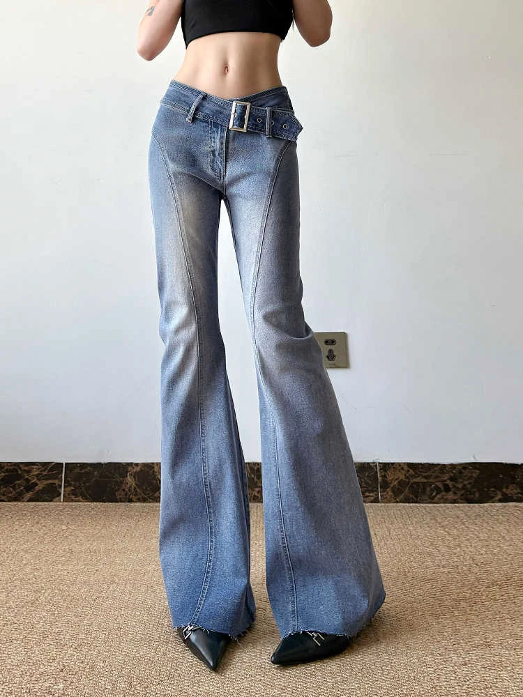 

2025 Autumn Winter Women American Retro Low Rise Blue Denim Flare Cargo Pants 2000s Y2k Skinny Jean Stretch Bell Bottom Gyaru