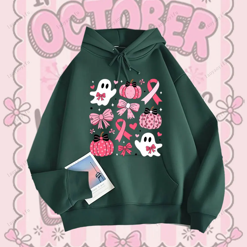 En octubre usamos cinta con lazo rosa, Sudadera con capucha para mujer, ropa de concientización sobre el cáncer de mama, sudadera creativa con cabeza de calabaza de Halloween
