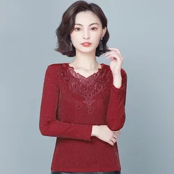 Female Autumn New Lace Shirts Long Sleeve Bottoming Ladies V-neck Patchwork Print Blouse Top Pullovers G890