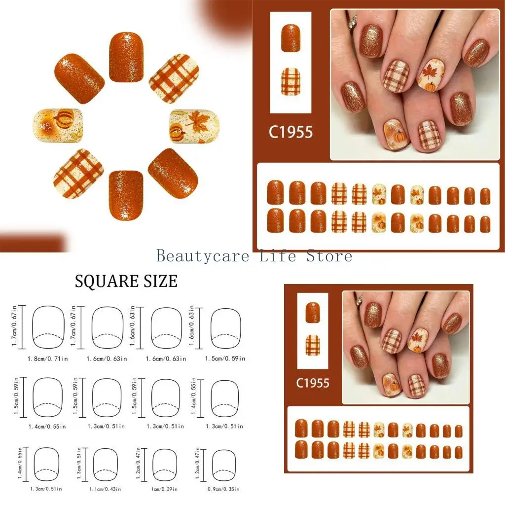 652C 24Piece Press On Nail Short Square Halloween Fall Fake Nail Set, Brown Plaids False Nail With Pumpkin and Maple Leaf