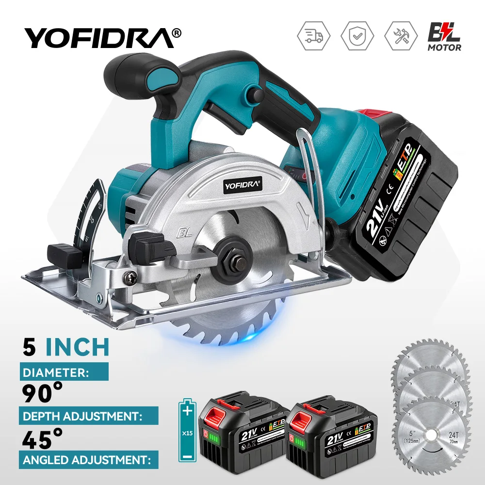 Yofidra Brushless 5Inch 125MM Electric Circular Saws Adjustment for Woodworking Electric Cutting Tool For Makita 18V Battery Pin