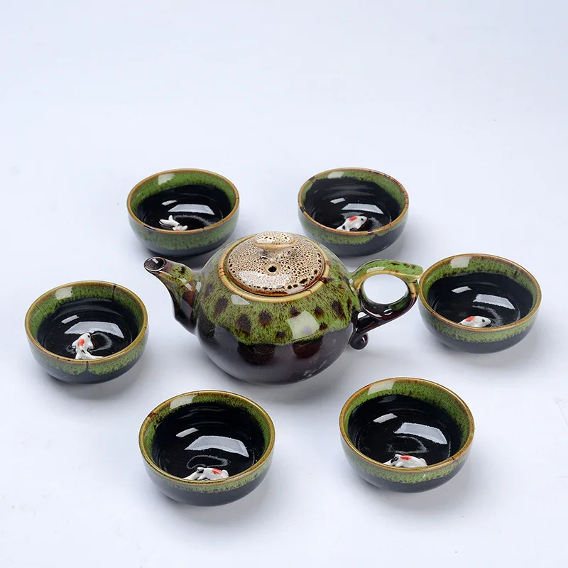 1 Pot 6 Cups Fish Play Tea Set Chinese Style Ceramic Kung Fu Tea Set Teapot Portable Tea Cups Of Tea Ceremony Teaware Sets Gifts